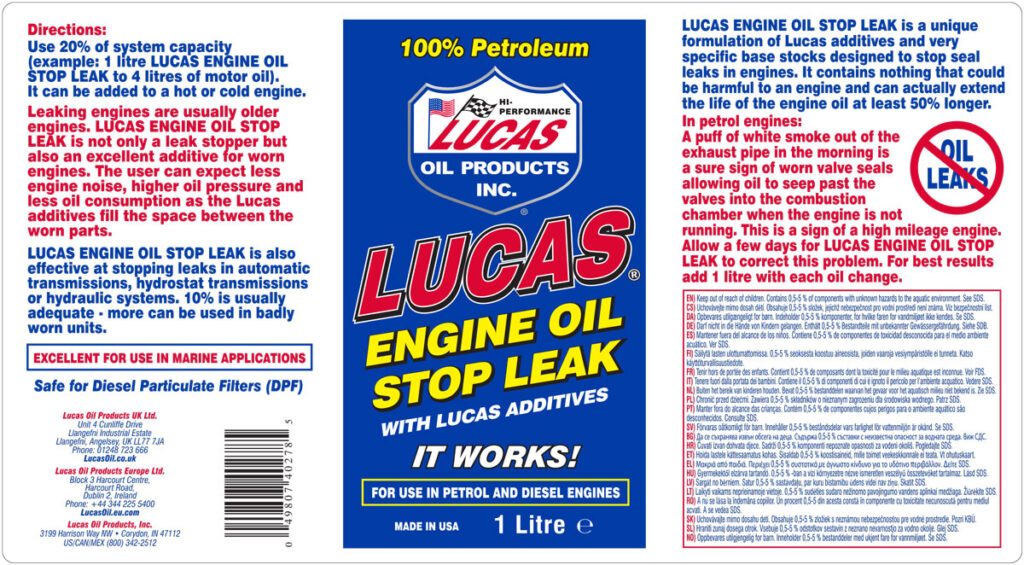 Engine Oil Stop Leak label