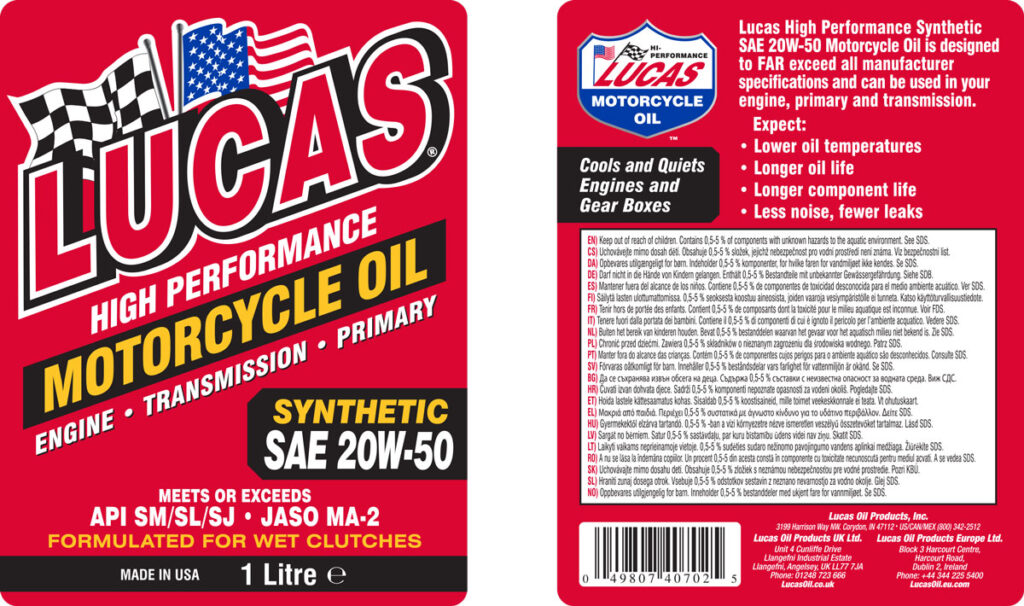 Motorcycle Oil Synthetic SAE 20W-50 Label