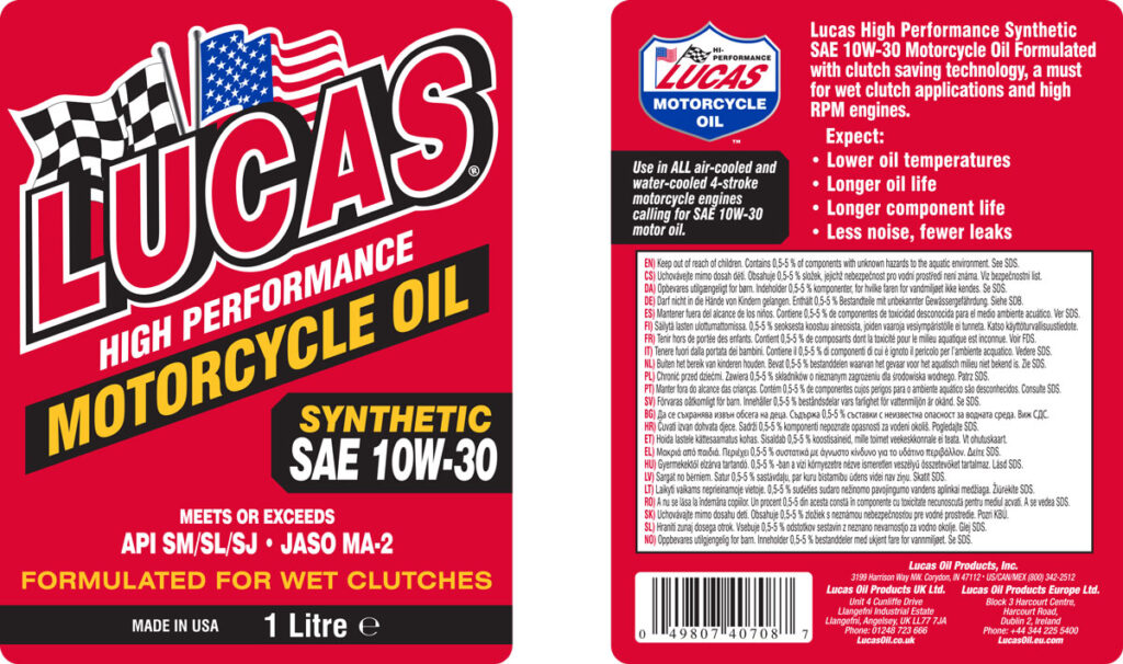 Motorcycle Oil Synthetic SAE 10W-30 Label