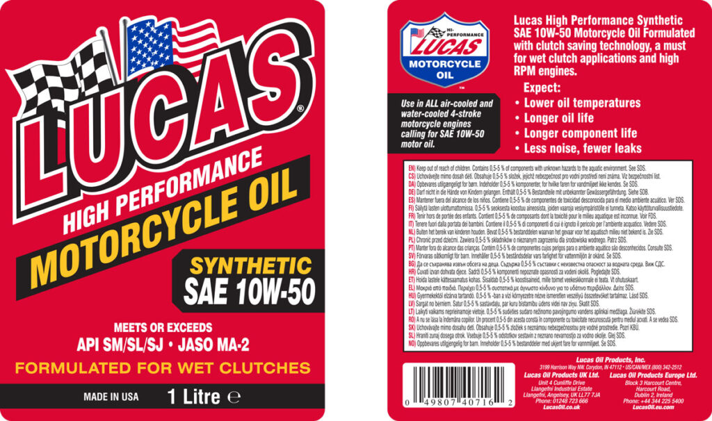 Motorcycle Oil Synthetic SAE 10W-50 Label