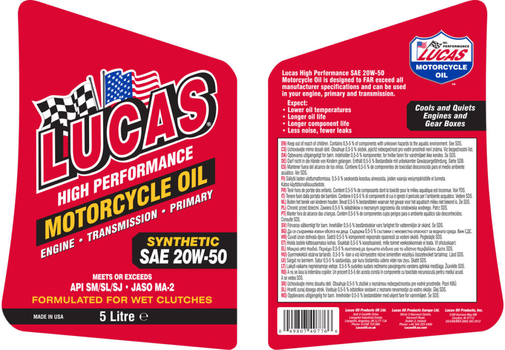 Motorcycle Oil Synthetic SAE 20W-50 Label