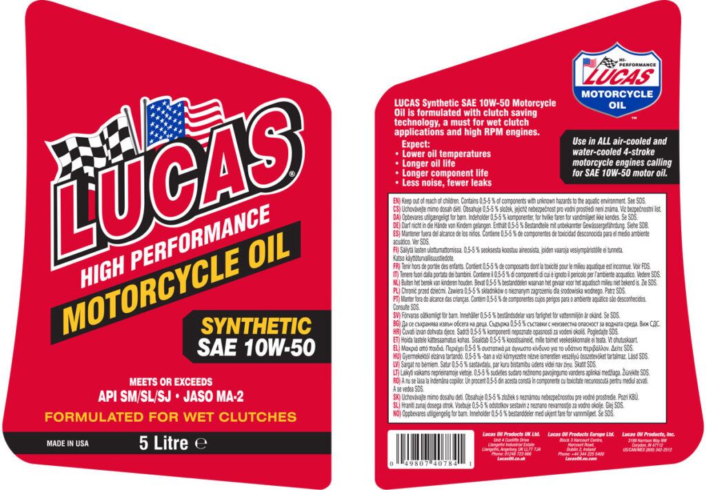 Motorcycle Oil Synthetic SAE 10W-50 Label