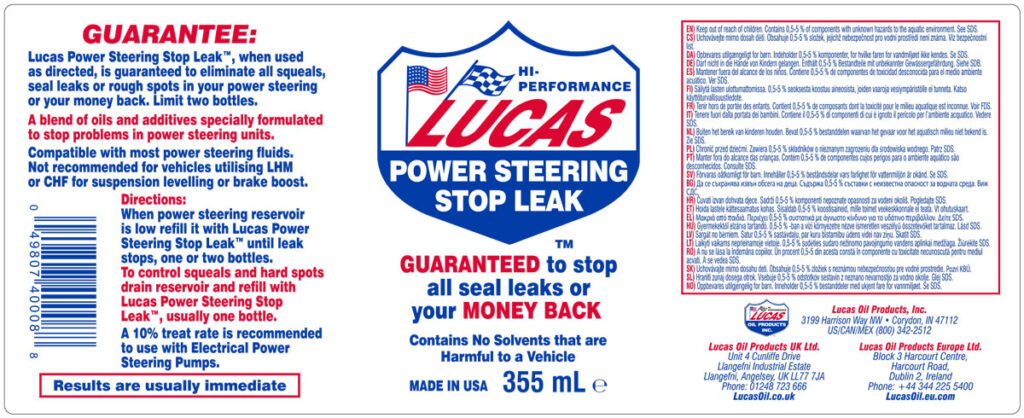 Power Steering Stop Leak label