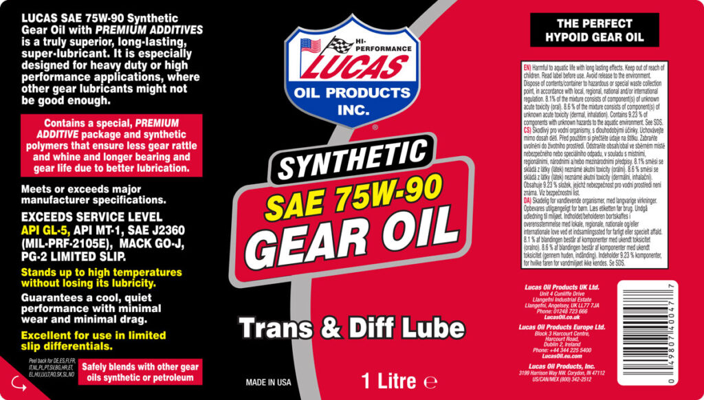 Synthetic SAE 75W-90 Gear Oil label