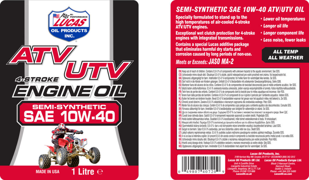 Semi-Synthetic SAE 10W-40 ATV Engine Oil label